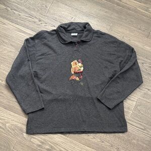 Cottage Cove | Vintage Grey Long Sleeve Polo Sweater with Bear Embroidery Size M